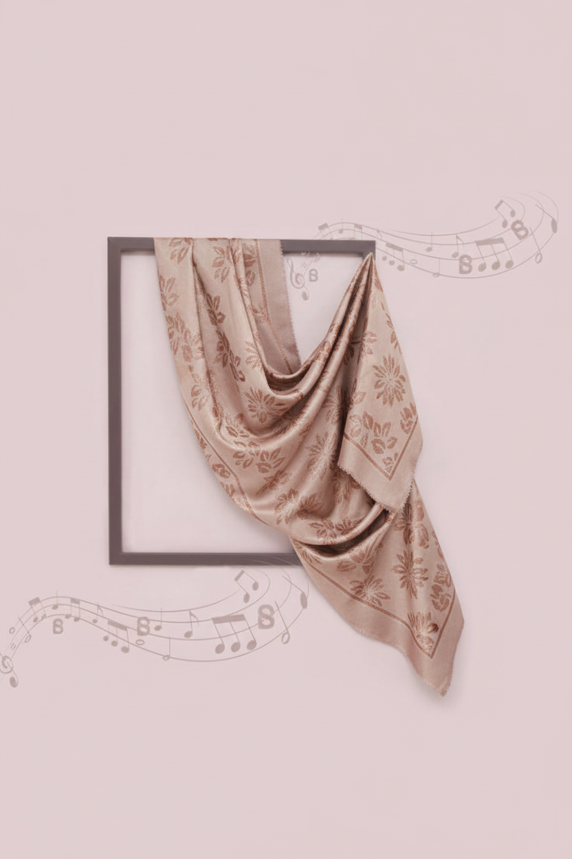 Decorative scarf with a pattern draped over a frame on a light pink background