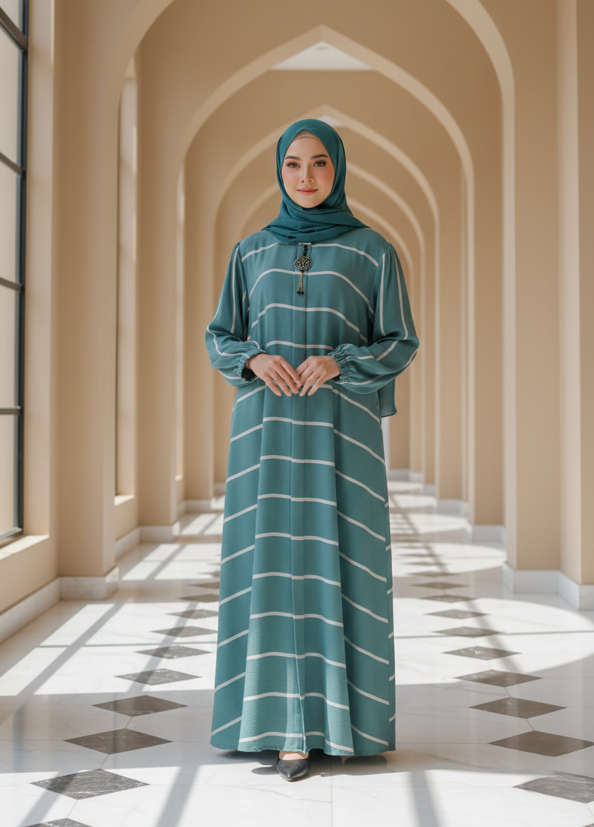 Woman in a teal dress with white stripes standing in a sunlit hallway with arches.