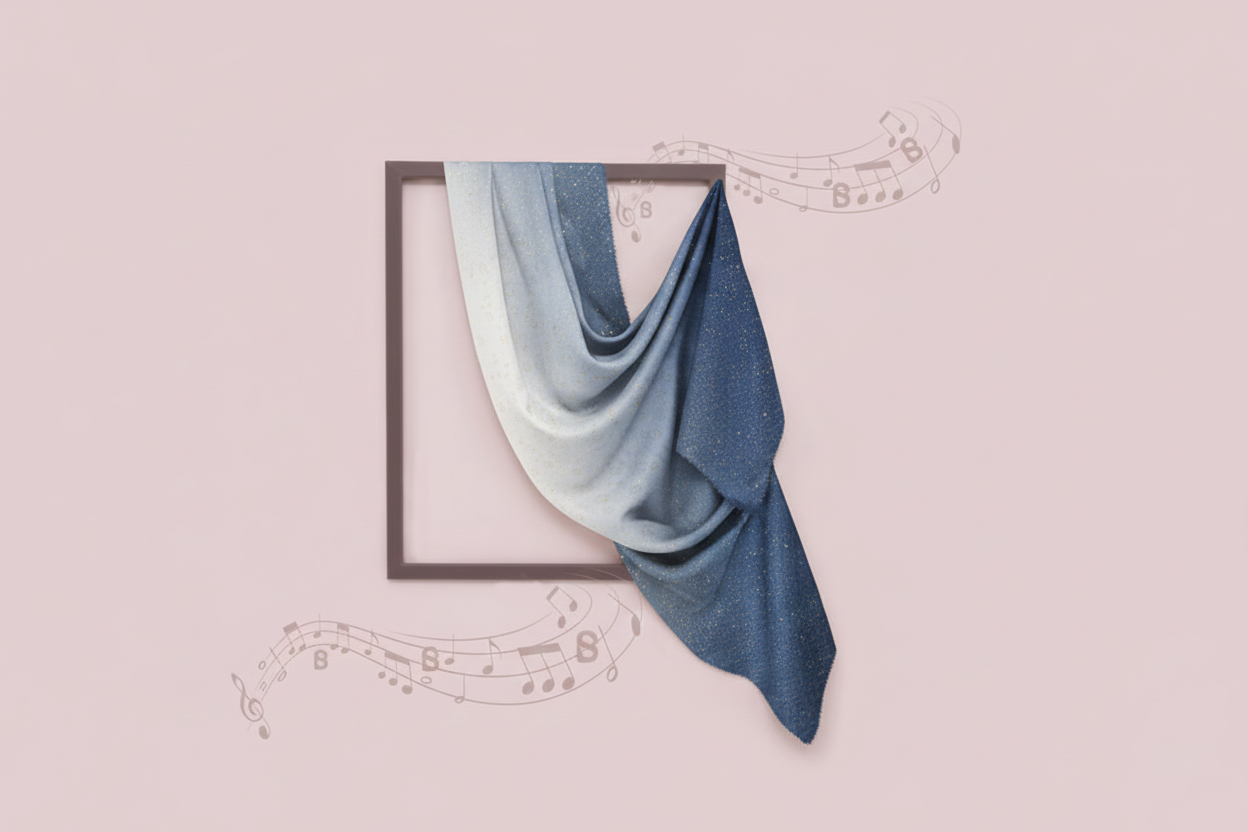 Blue scarf draped over a black frame on a pink background