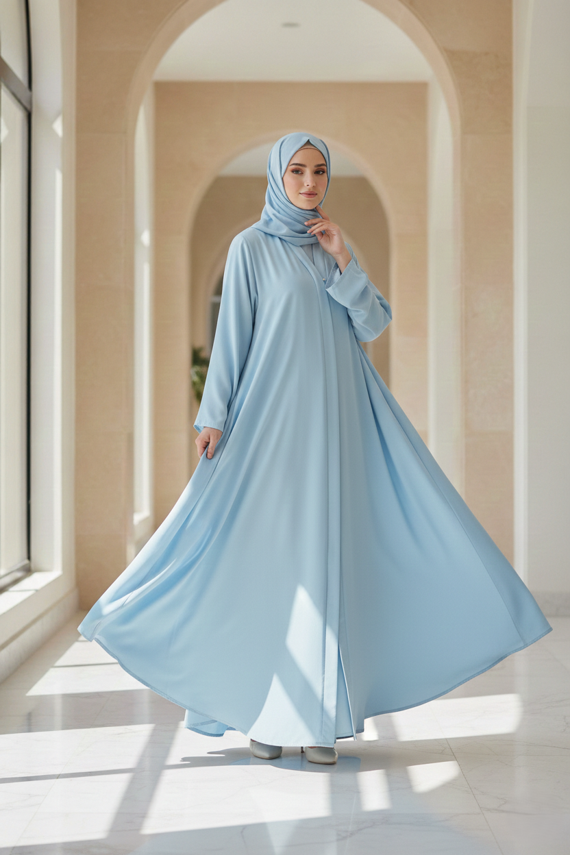 Pastel Blue Umrah Open Abaya with matching hijab
