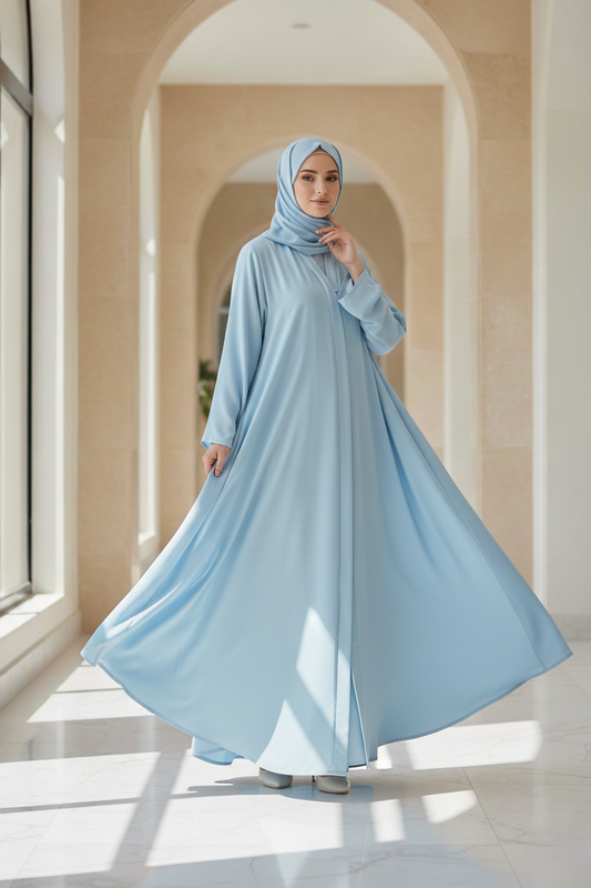 Pastel Blue Umrah Open Abaya with matching hijab