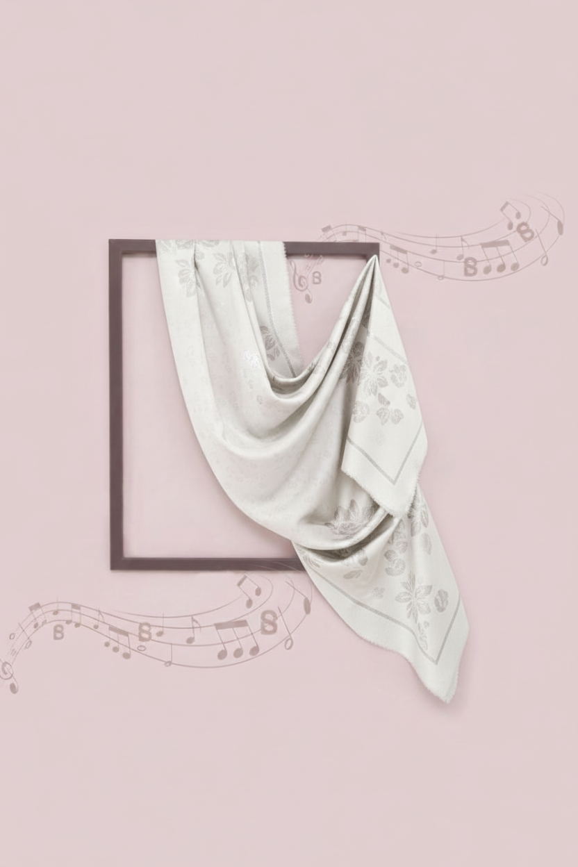 White scarf draped over a black frame on a pink background with musical notes.