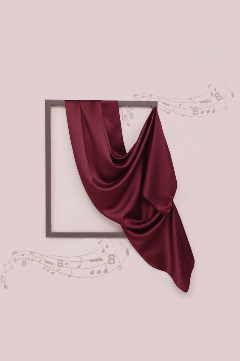 Maroon fabric draped over a rectangular frame on a light pink background with decorative elements.