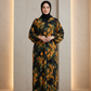 Dark floral fruit print maxi abaya in rich amber and black for women