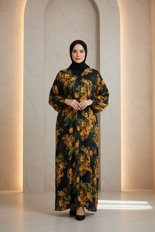 Dark floral fruit print maxi abaya in rich amber and black for women