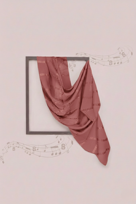 Pink fabric draped over a rectangular frame on a light pink background with musical notes.