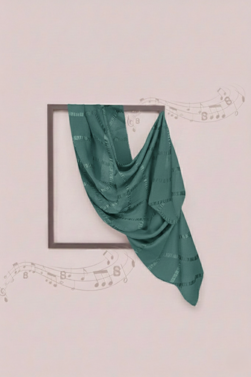 Green fabric draped over a square frame on a light pink background