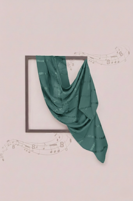 Green fabric draped over a square frame on a light pink background