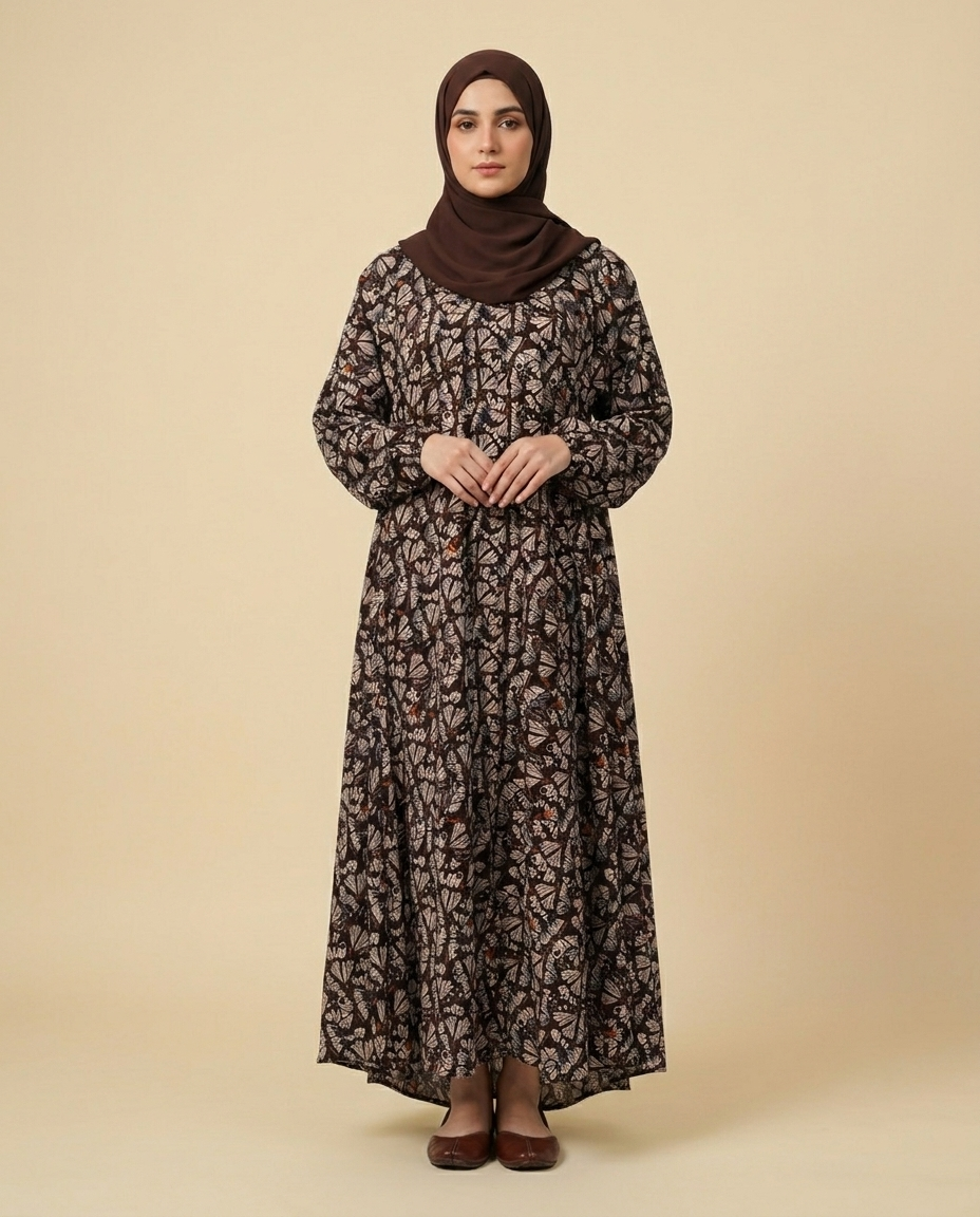 Brown Butterfly Printed Open Abaya with Pockets