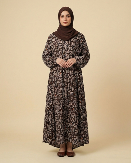 Brown Butterfly Printed Open Abaya with Pockets