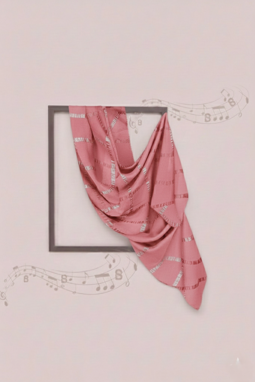 Pink patterned fabric draped over a framed picture on a light pink background