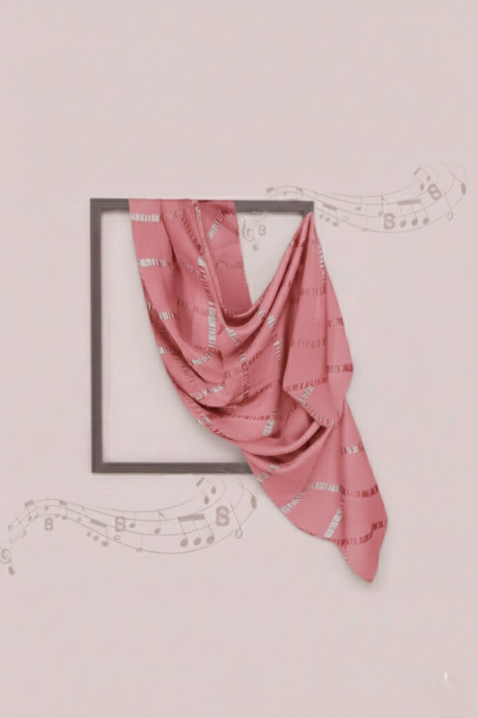 Pink patterned fabric draped over a framed picture on a light pink background