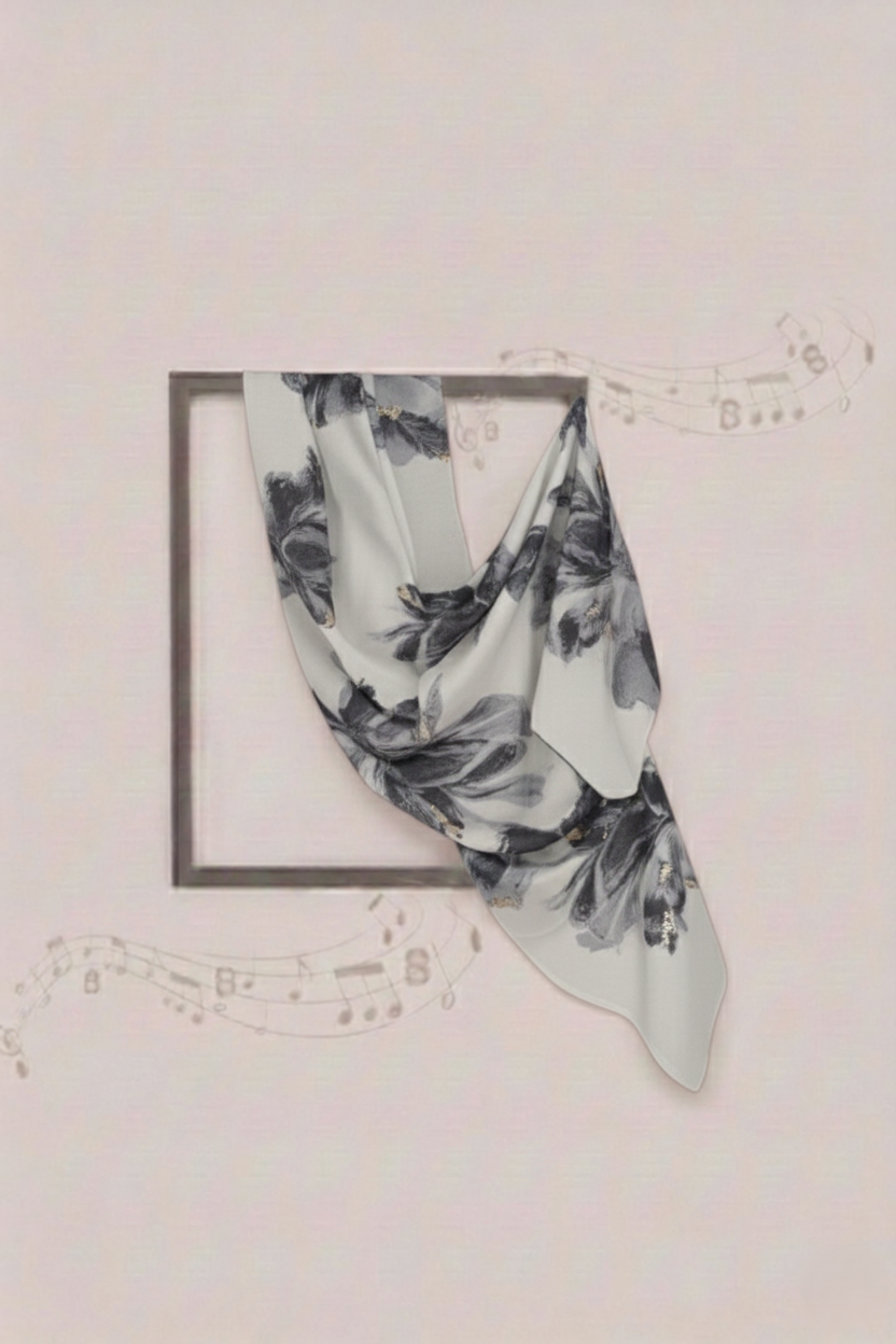 Floral scarf draped over a rectangular frame on a light pink background with musical notes.