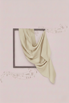 Draped fabric in a frame against a light pink background with musical notes.