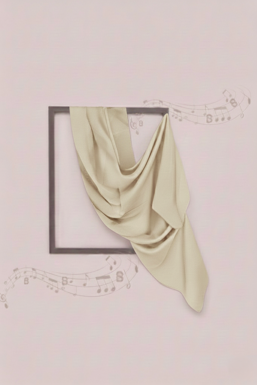 Draped fabric in a frame against a light pink background with musical notes.