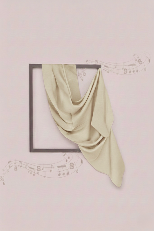 Draped fabric in a frame against a light pink background with musical notes.