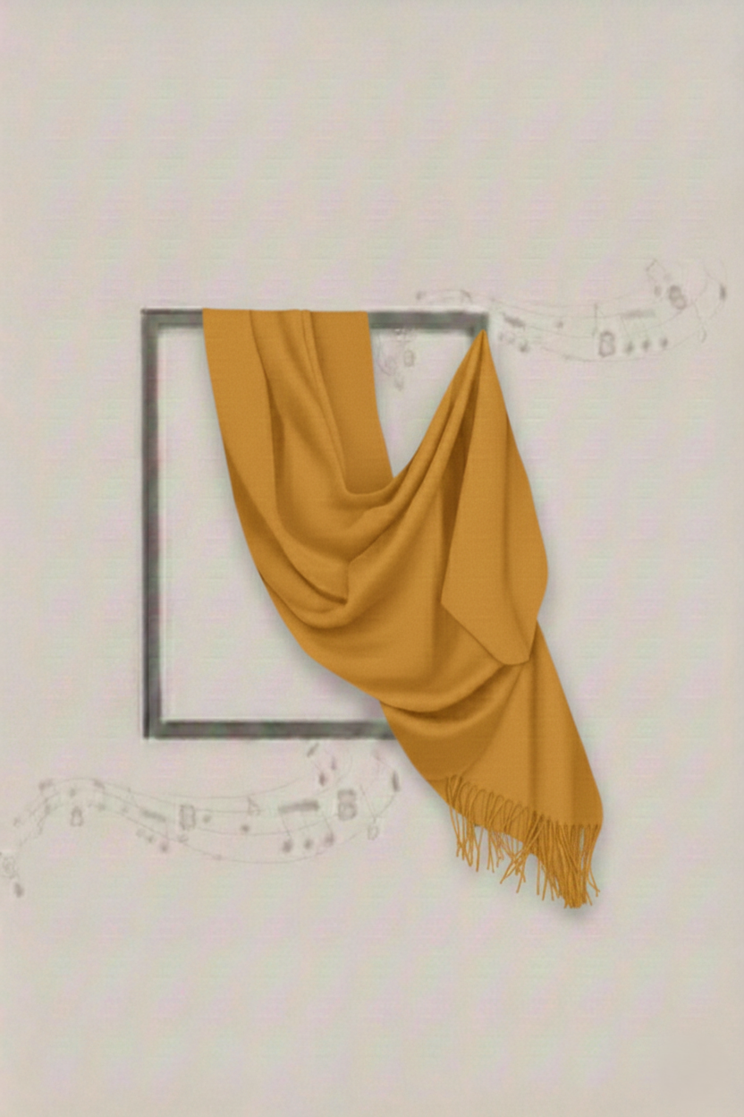 Mustard yellow scarf draped over a framed picture on a light gray wall.